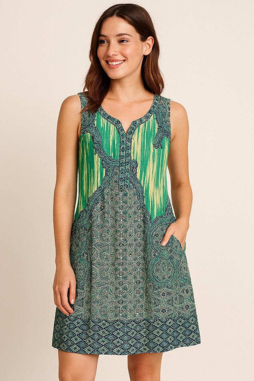 Rabbit Rabbit Rabbit Pleated Sleeveless Green and Blue Paisley Dress - Size 14